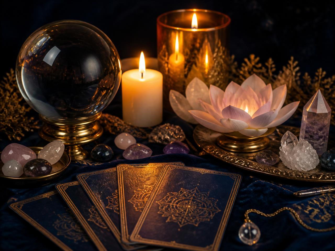 Crystal ball, candles, healing crystals and tarot cards on deep blue velvet