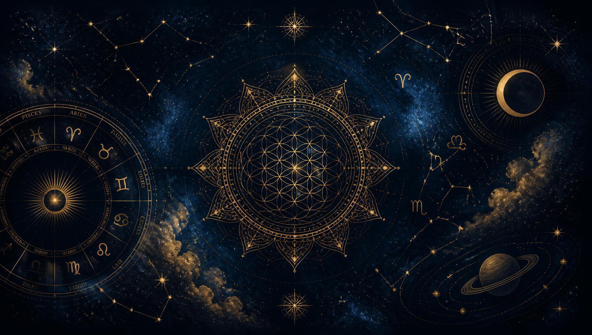 Golden zodiac wheel and sacred geometry over a deep blue cosmic night sky