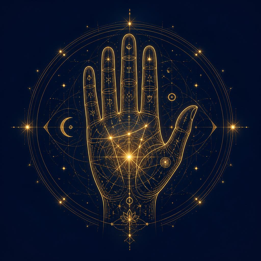 Golden illustration of an open palm with glowing palm lines and sacred geometry